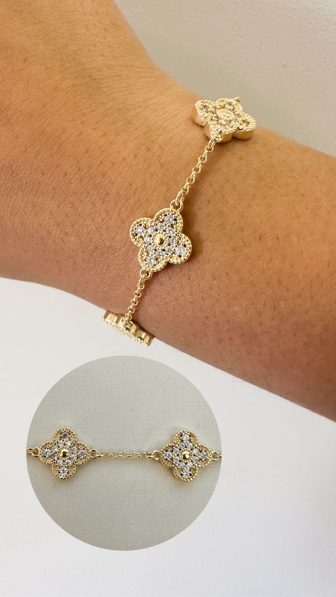 Pulseiras 4 Trevo Glam Cravejados Ouro 18 k