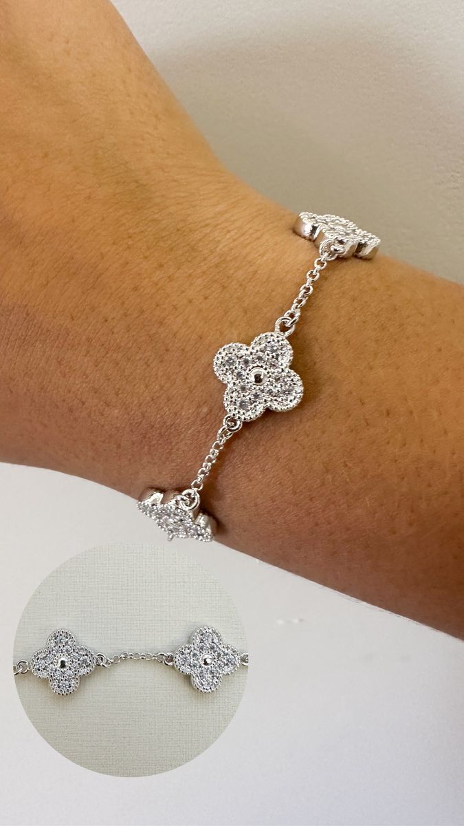 Pulseiras 4 Trevo Glam Cravejados Ródio Branco