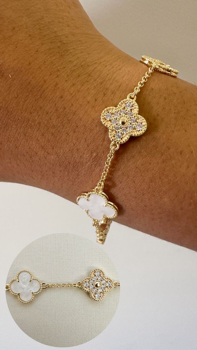 Pulseiras 4 Trevo Glam Marmore e Cravejados Ouro 18 k