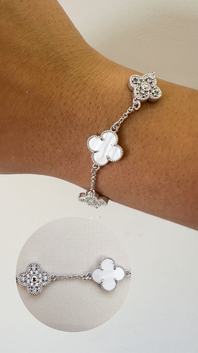 Pulseiras 4 Trevo Glam Marmore e Cravejados Ródio Branco