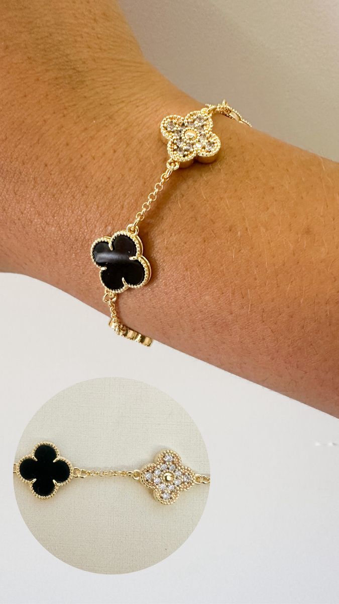 Pulseiras 4 Trevo Glam Preto e Cravejados Ouro 18 k