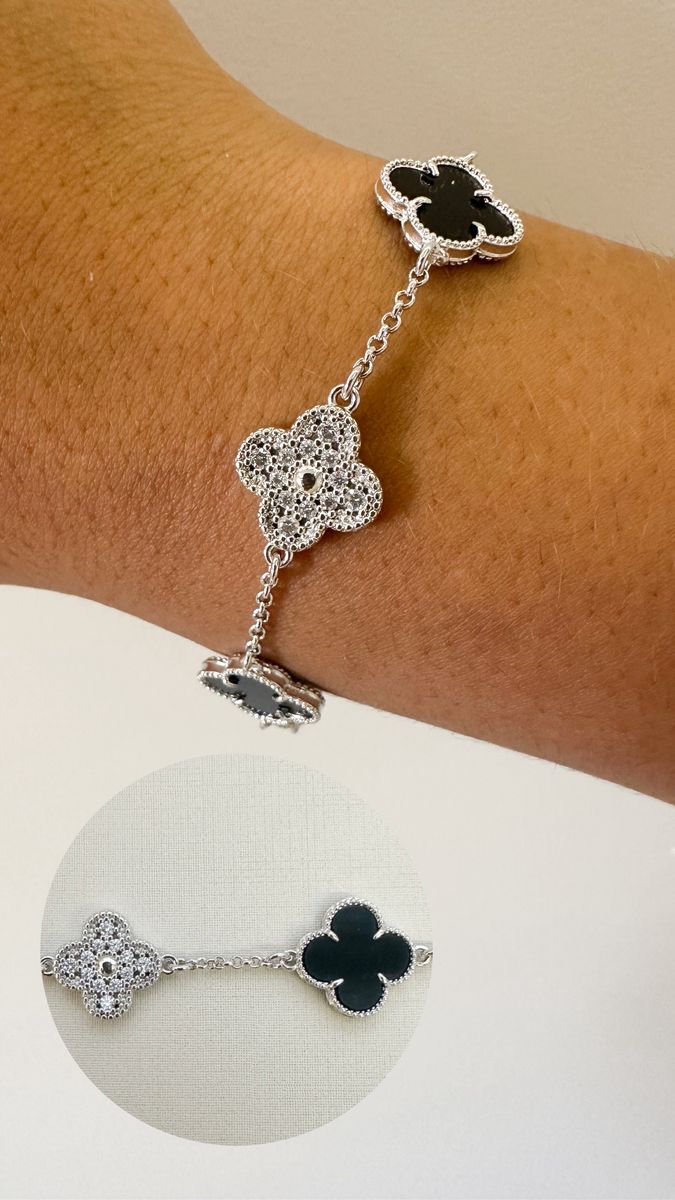 Pulseiras 4 Trevo Glam Preto e Cravejados Ródio Branco