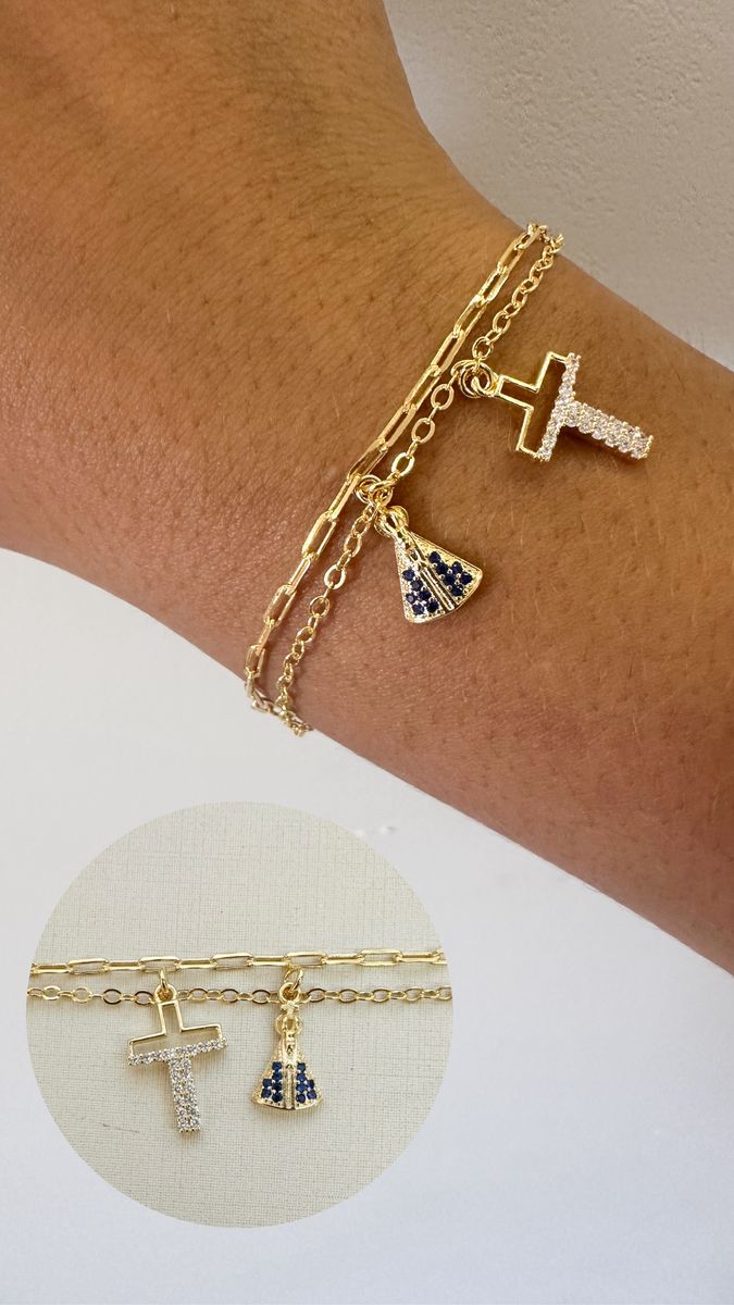 Pulseiras Corrente Dupla Nossa Senhora e Cruz Cravejada Ouro 18 k