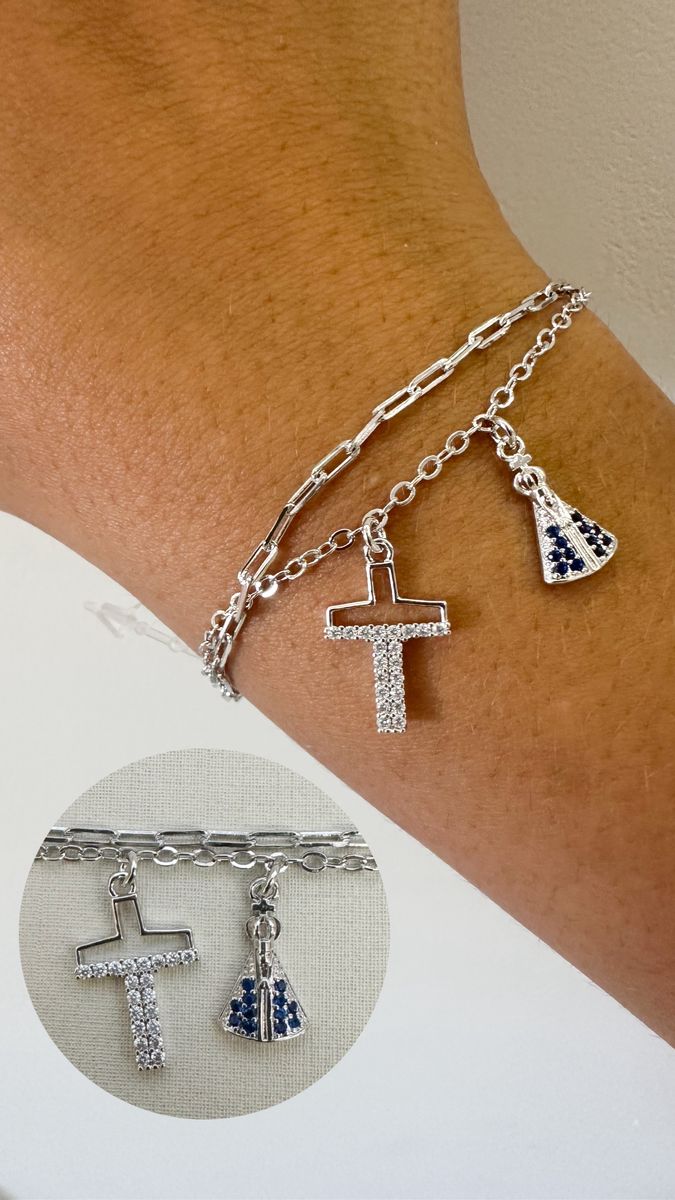 Pulseiras Corrente Dupla Nossa Senhora e Cruz Cravejada Ródio Branco