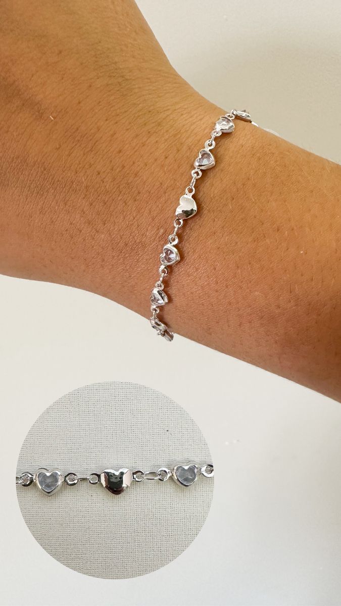 Pulseiras Coração 4 Zirconias e Coração Liso Ródio Branco