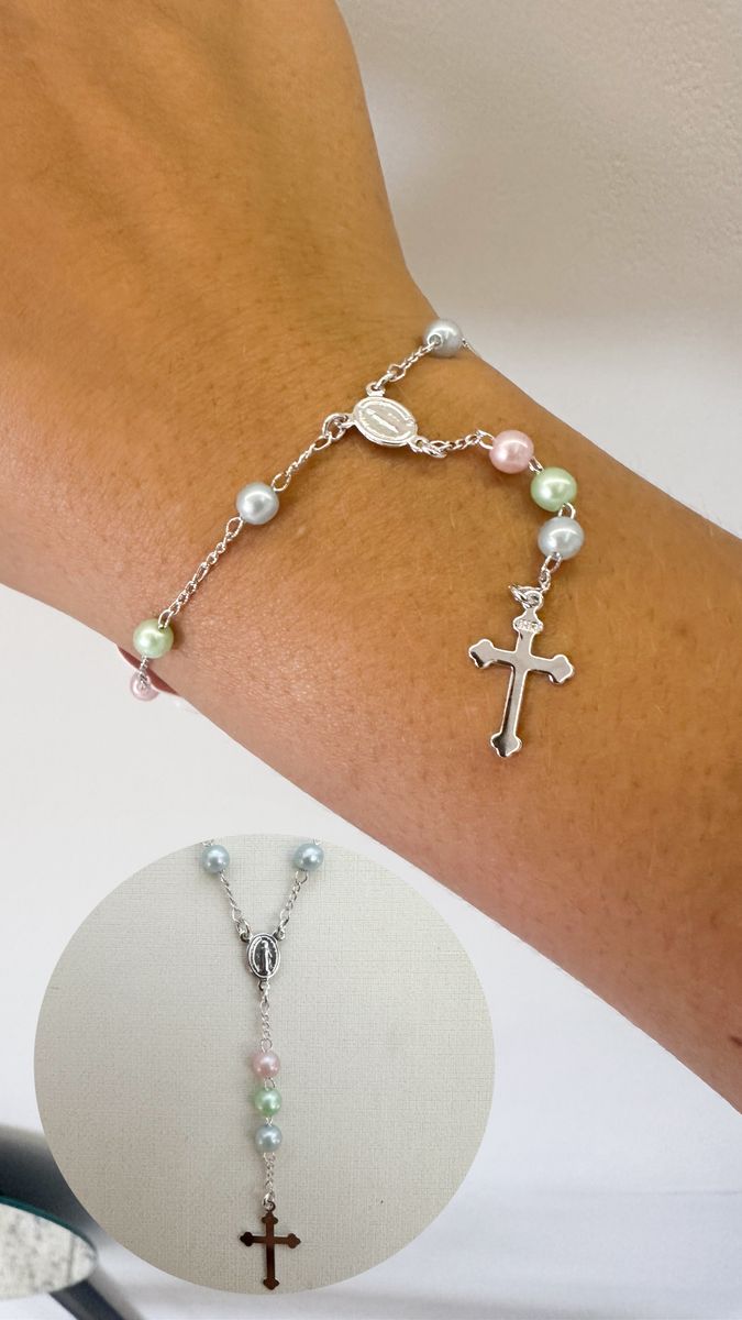 Pulseiras Terço Colorido Ródio Branco